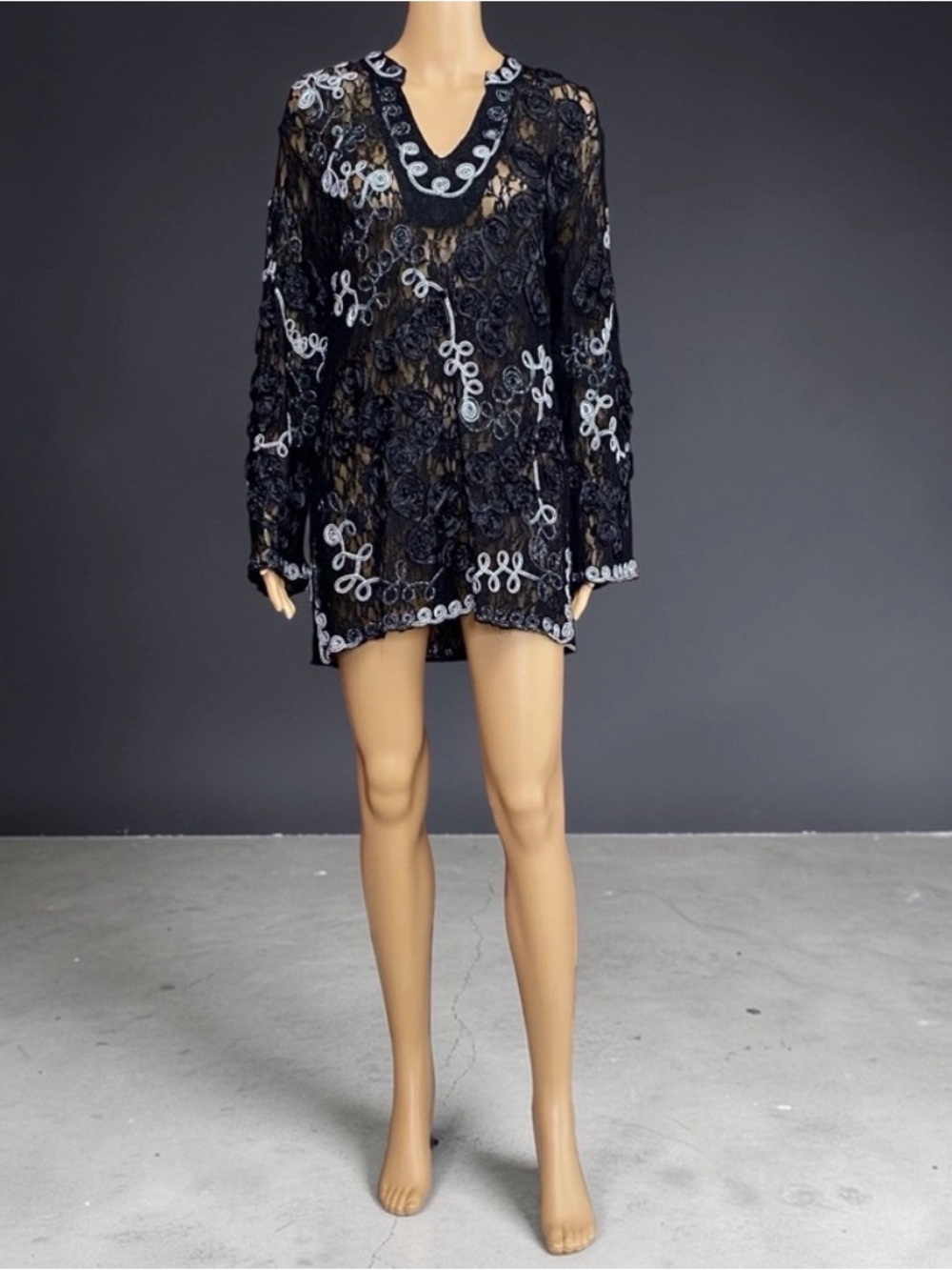 Once Again Black Lace Top with Silver Metallic Appliqué